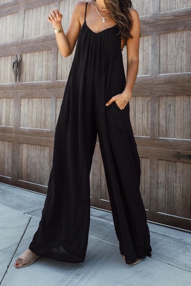 Patchwork Spaghetti Strap Oversized Maxi Jumpsuit in Black