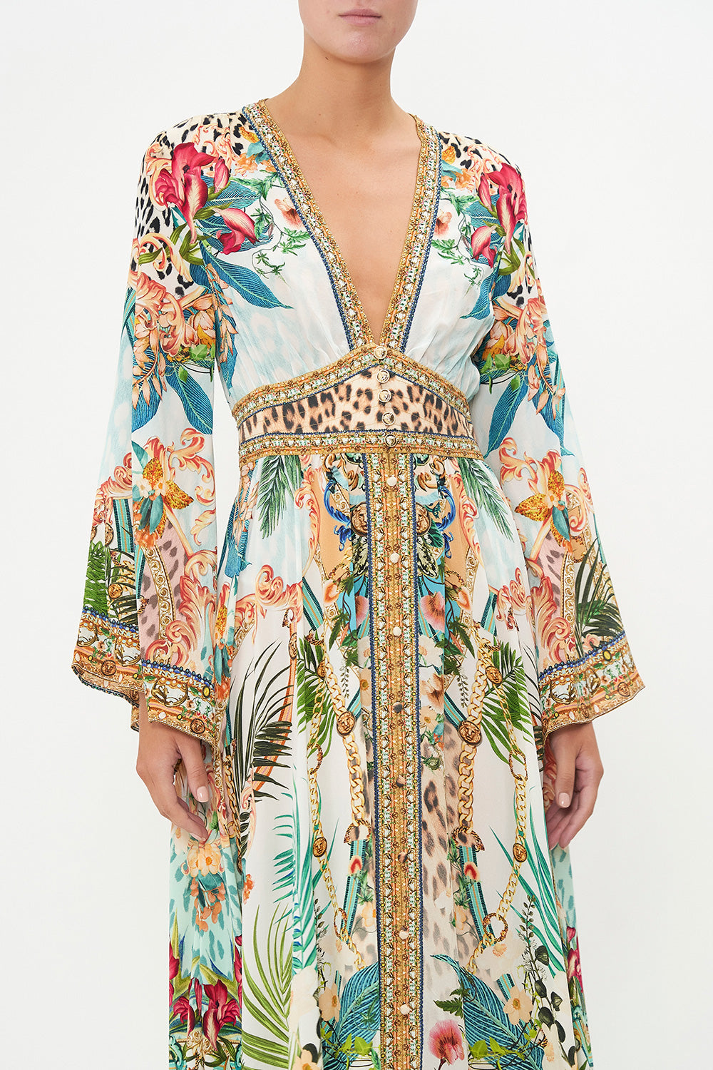 Botanical Print V-neck Long Sleeve Maxi Dress