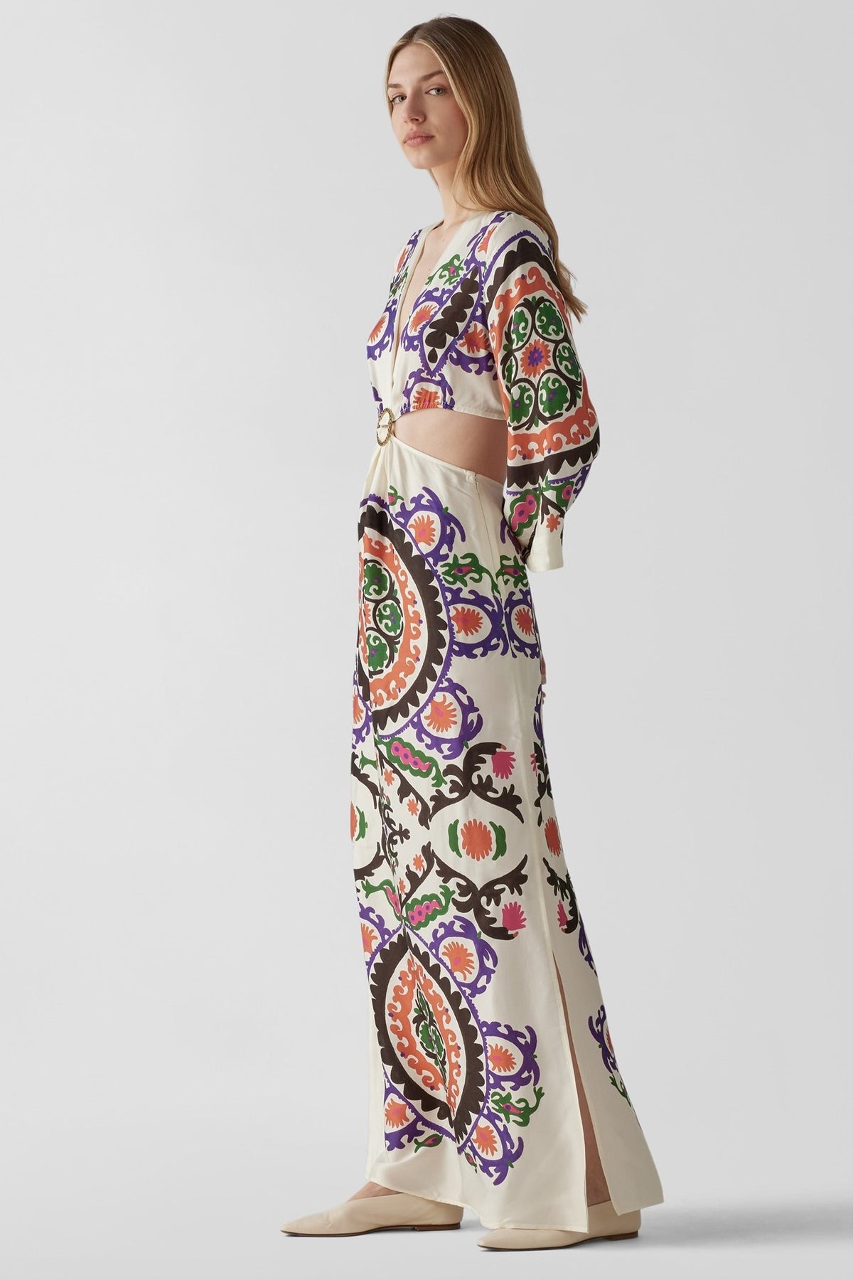 Paisley Print Long Sleeve Cut-out Midi Dress