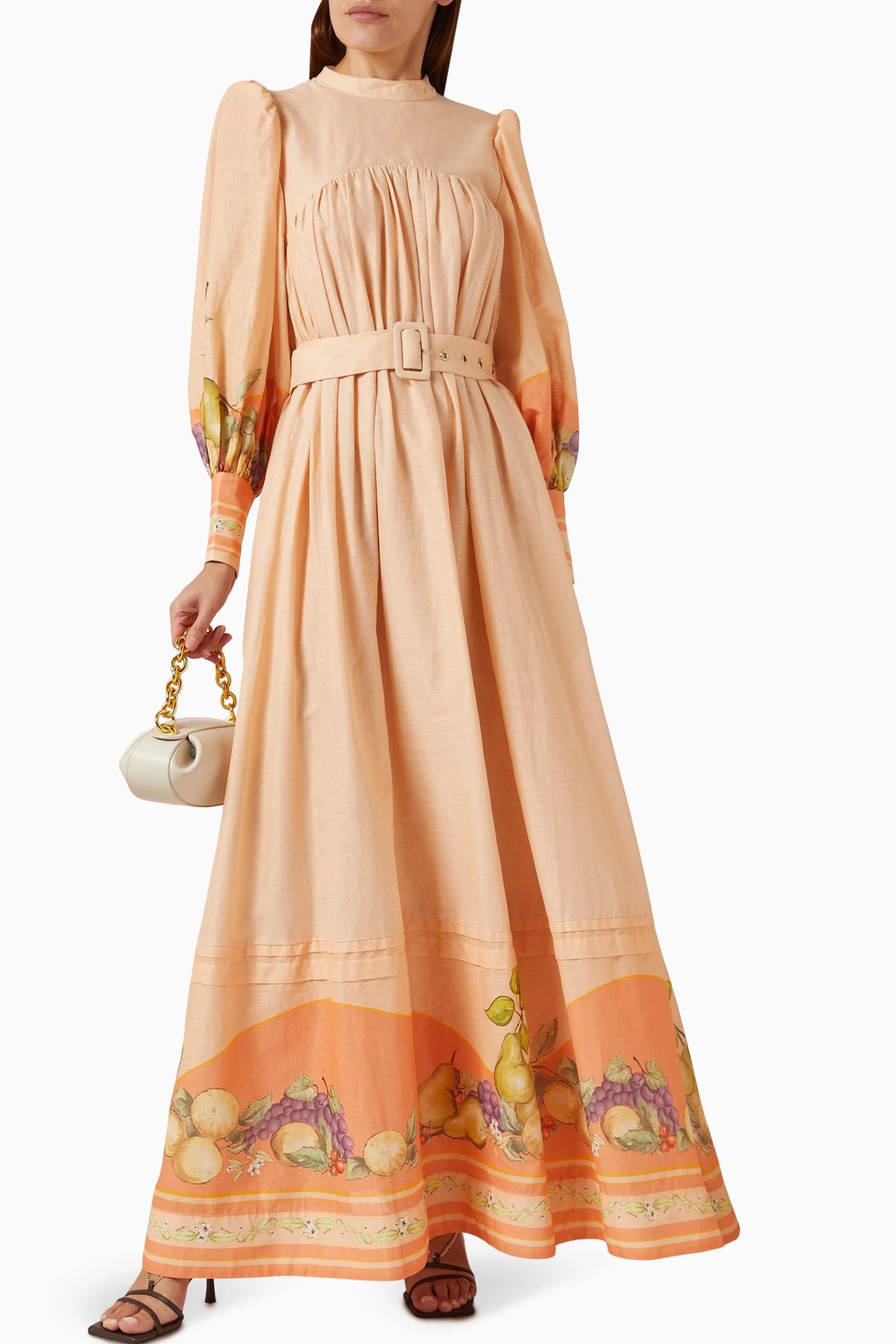 Botanical Print Long Sleeve Midi Dress With Belt