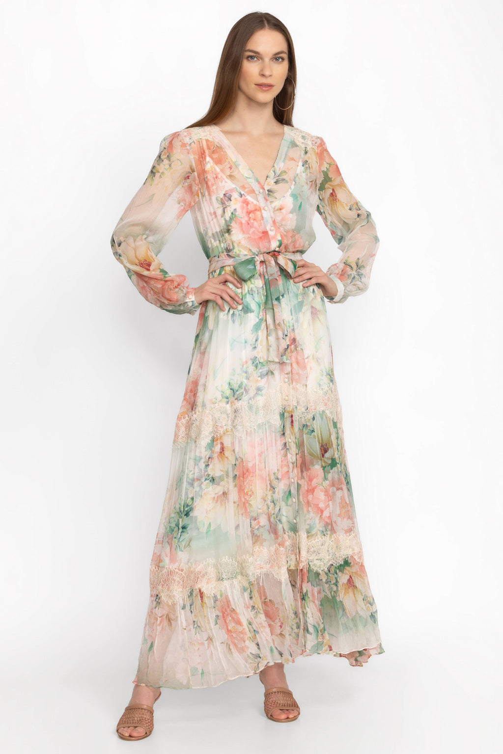 Bottom Long Sleeve Midi Dress With Belt