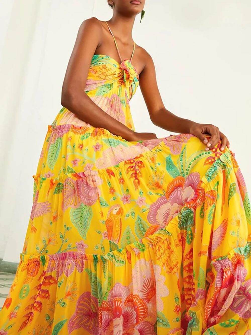 Hanging Neck Printed Design Backless Straight Maxi Dress
