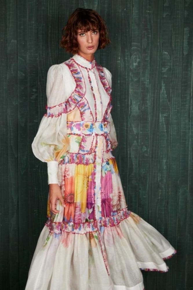 Lantern Sleeve Stand Collar Frill Midi Dress With Belt