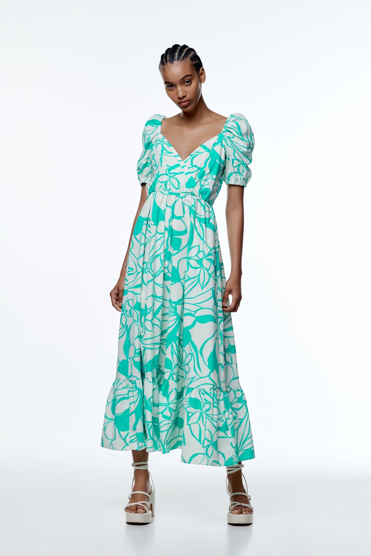 Print Puff Sleeve V-neck Large Hemline Maxi Dress Green