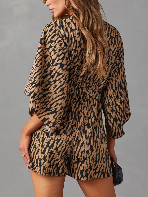 V-neck Printed Pocketed Tie Romper - Camel