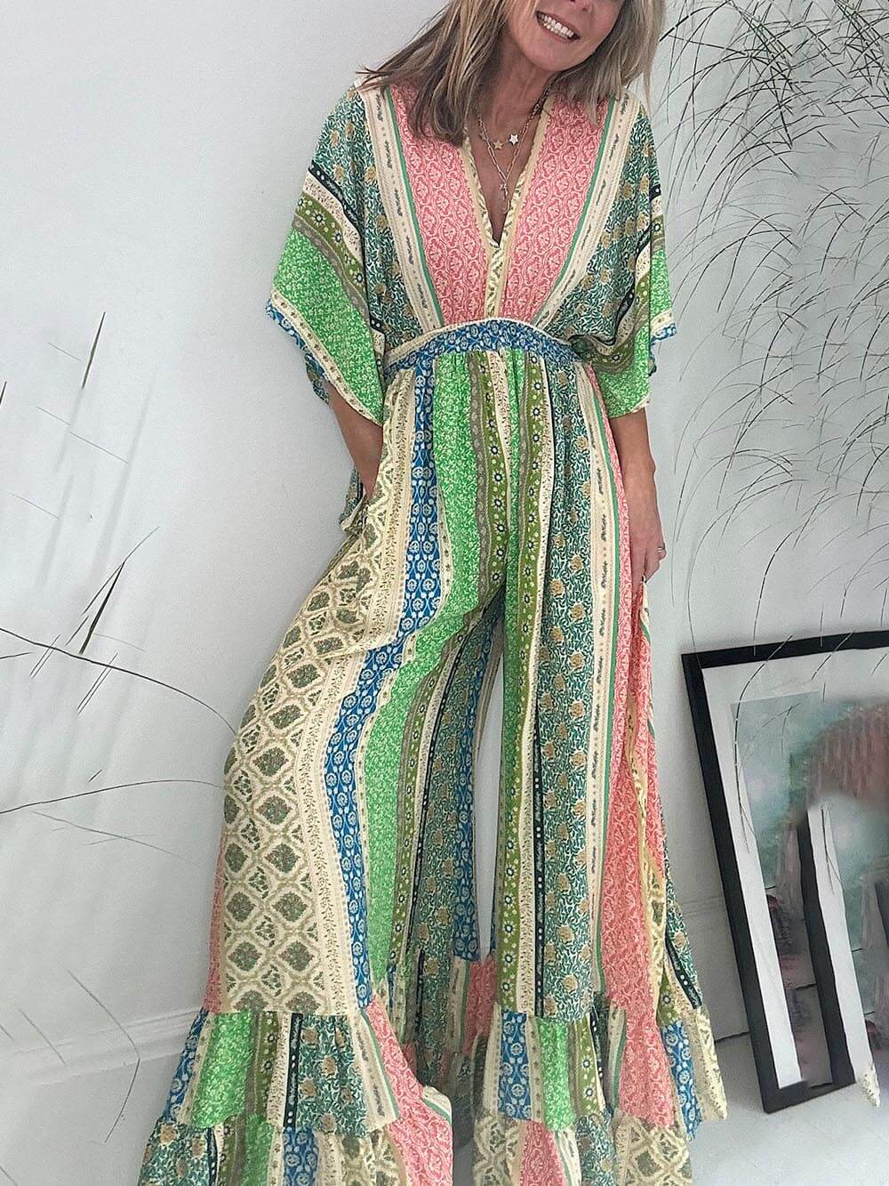 Retro Flare Sleeve Pocketed Loose Wide Leg Jumpsuit