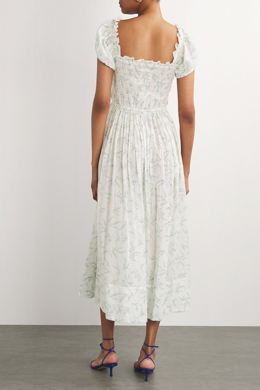 Smocking Puff-sleeve Midi Dress