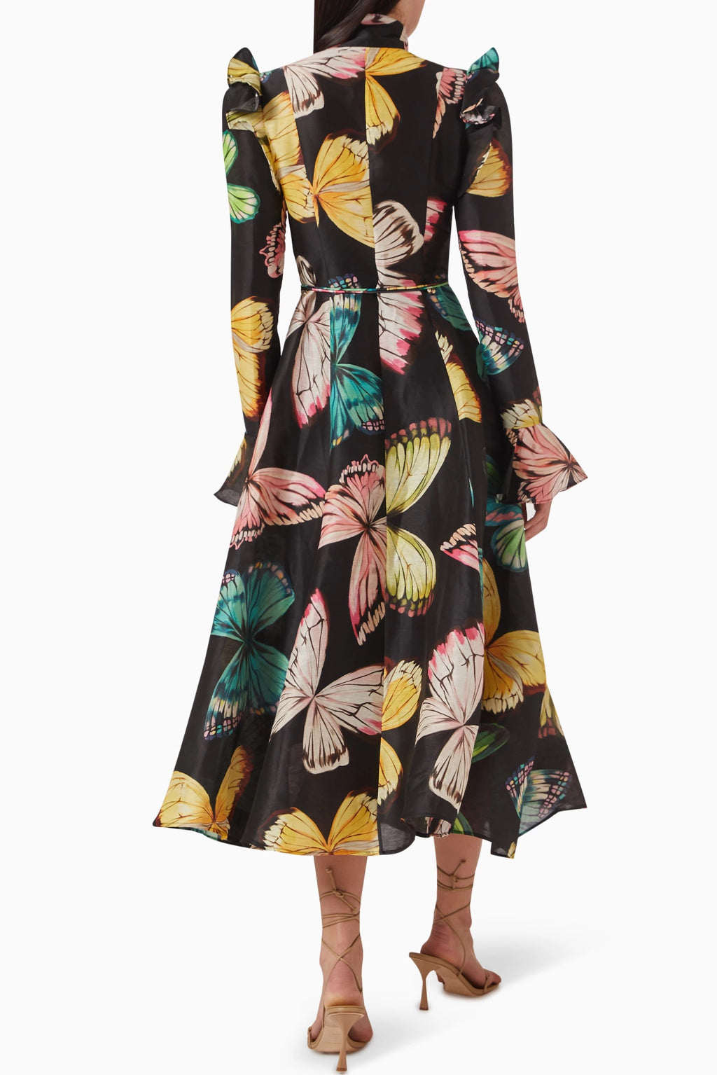 Butterfly Print Lantern Sleeve Midi Dress