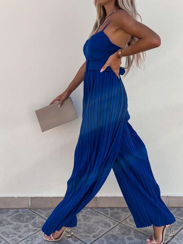 Strappy Jumpsuit With Wide Leg Pleated Detail in Cobalt Blue