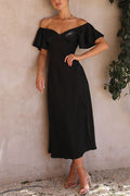 Side Split Midi Dress: Off the Shoulder Flutter Sleeve