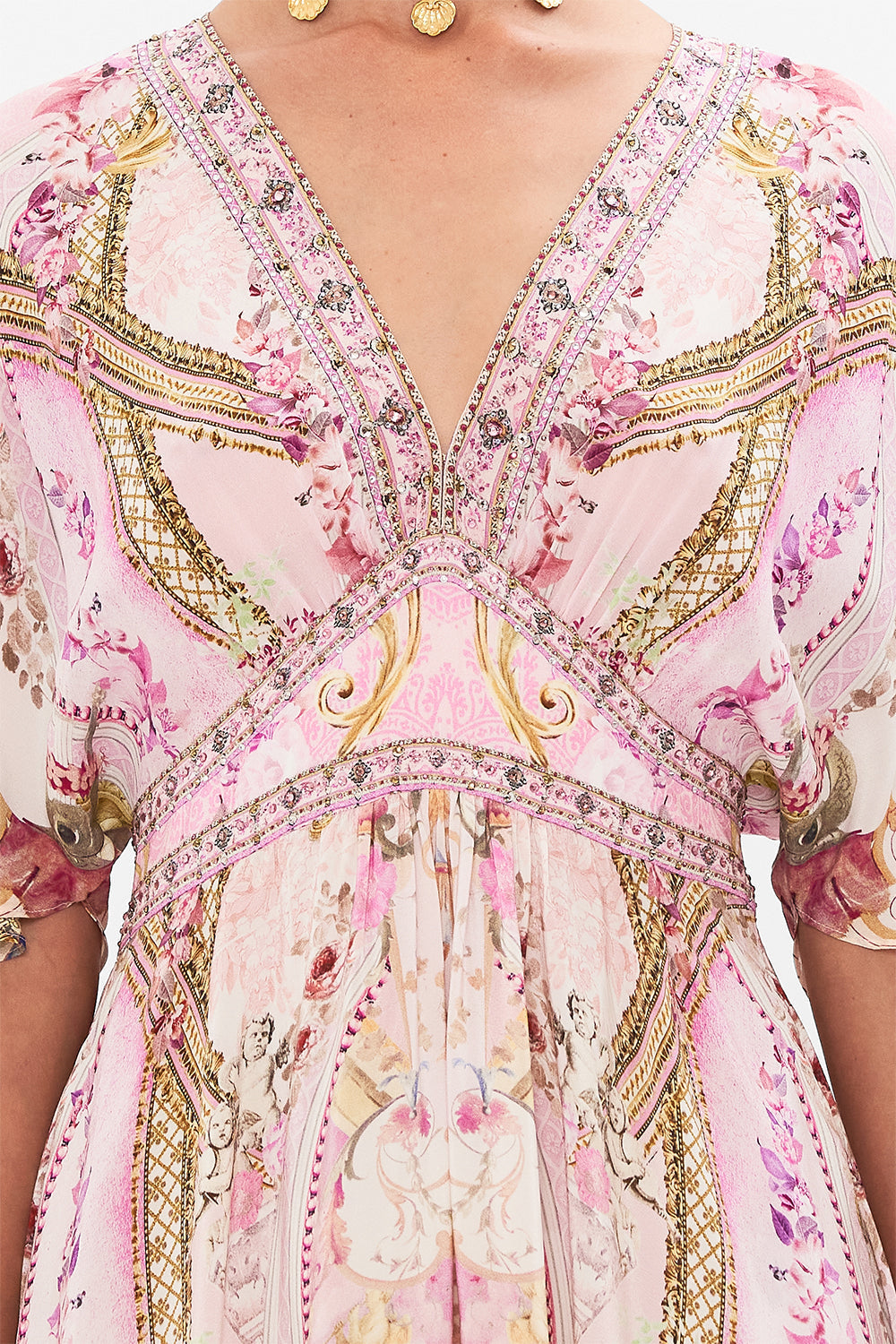 Palace Print Rhinestone V-neck Midi Dress