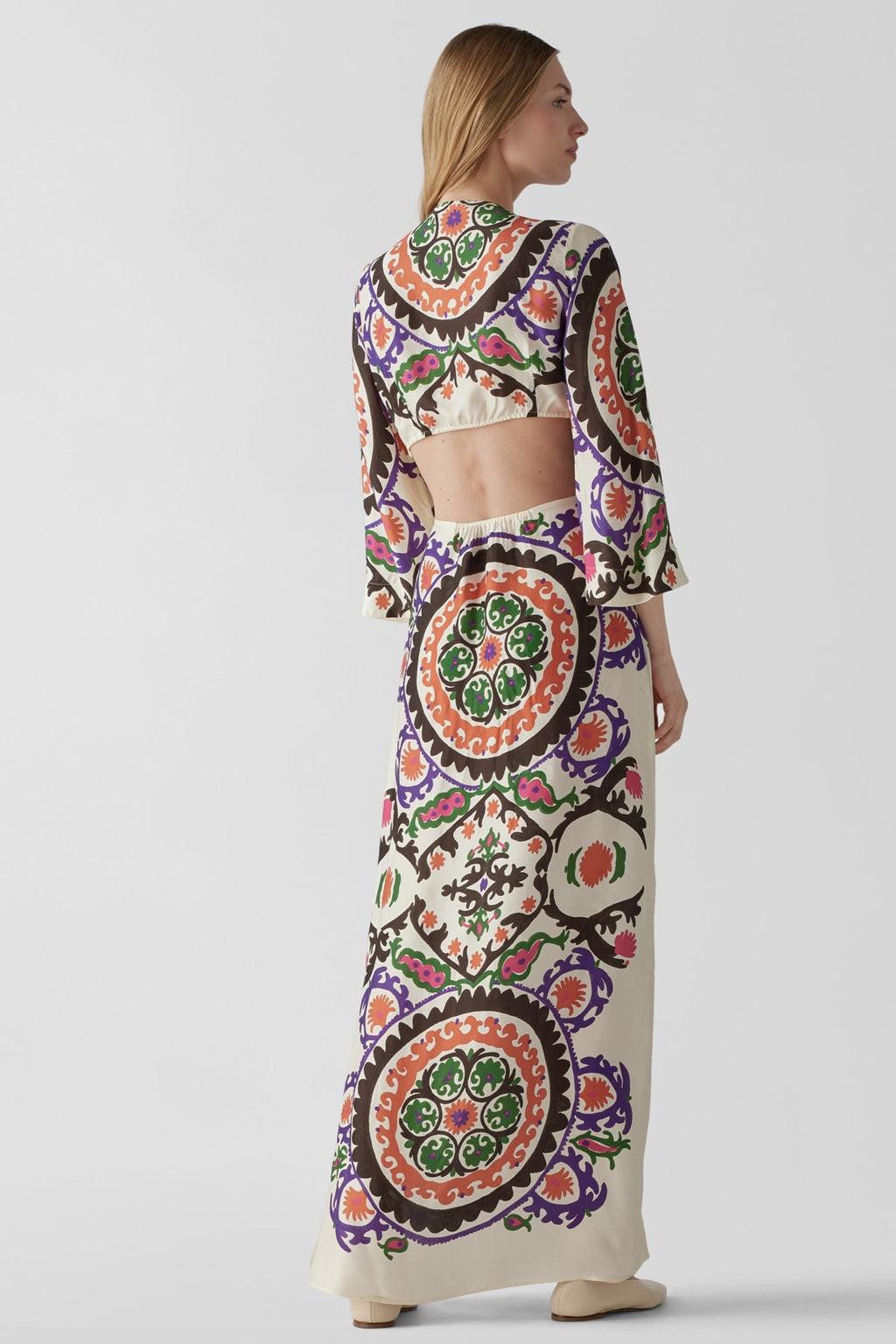 Paisley Print Long Sleeve Cut-out Midi Dress