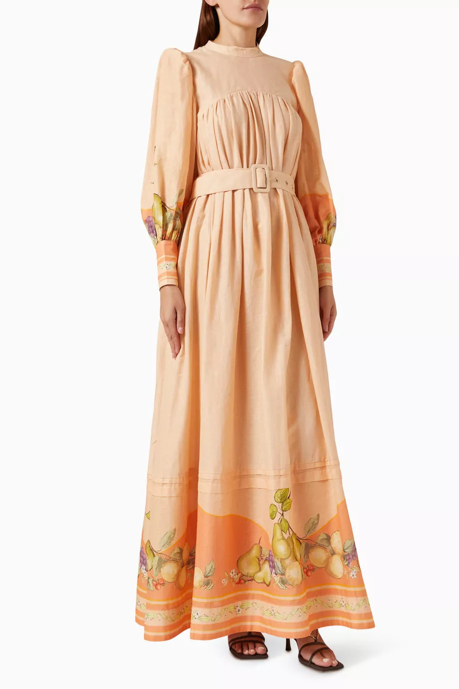 Botanical Print Long Sleeve Midi Dress With Belt