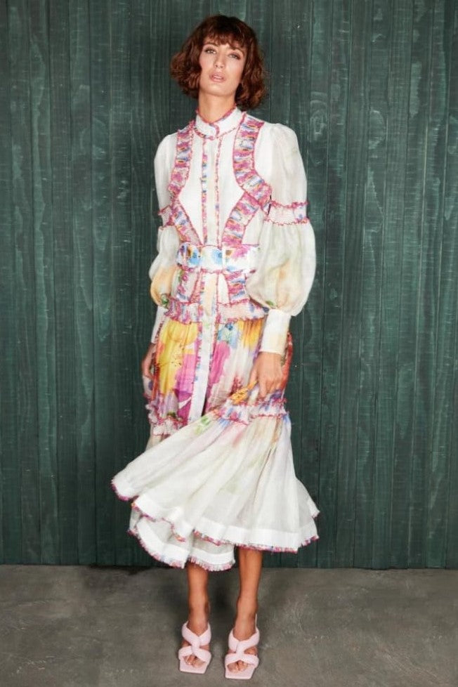 Lantern Sleeve Stand Collar Frill Midi Dress With Belt