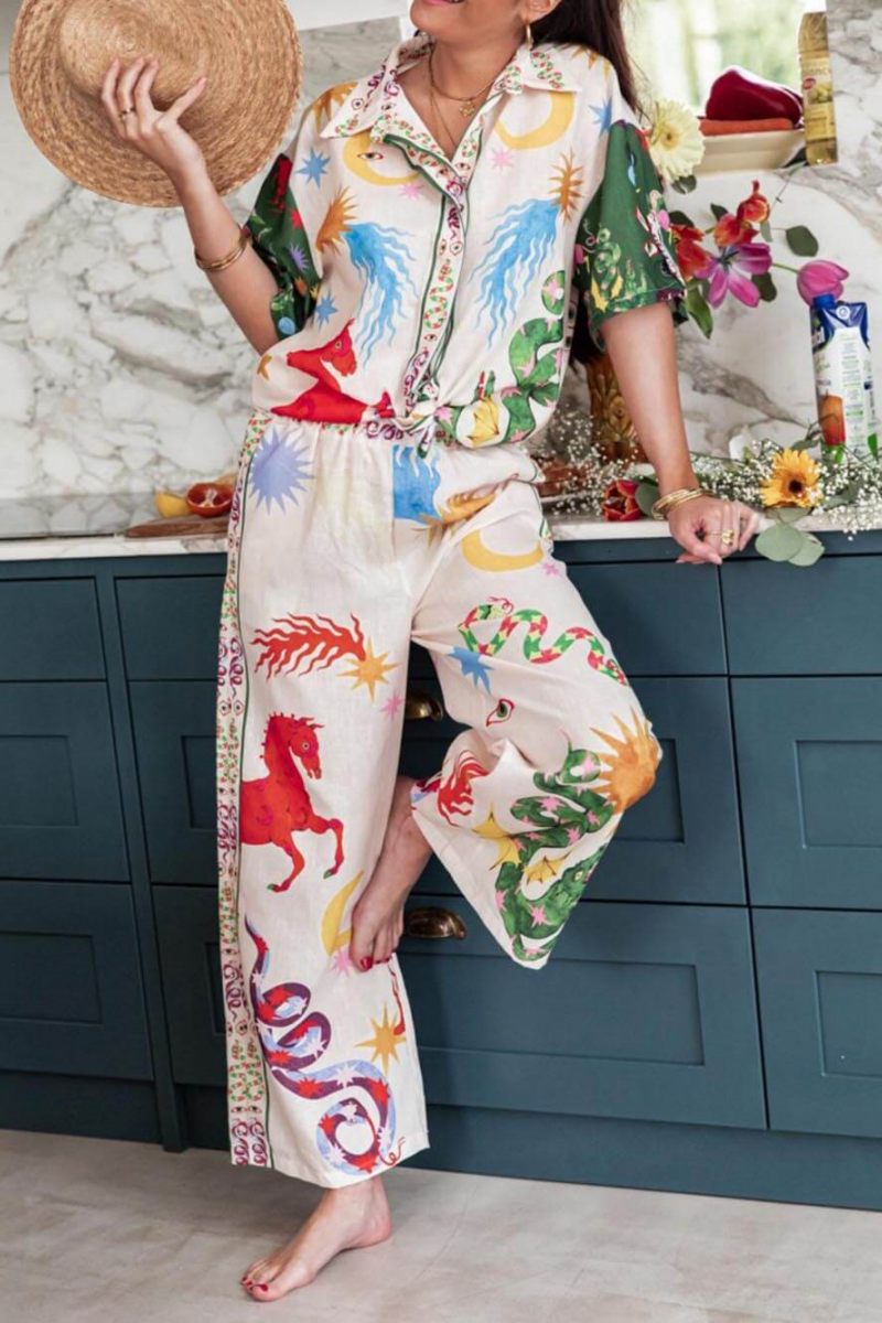 Unique Print Short Sleeve Loose Shirt and Elastic Waist Pants Set