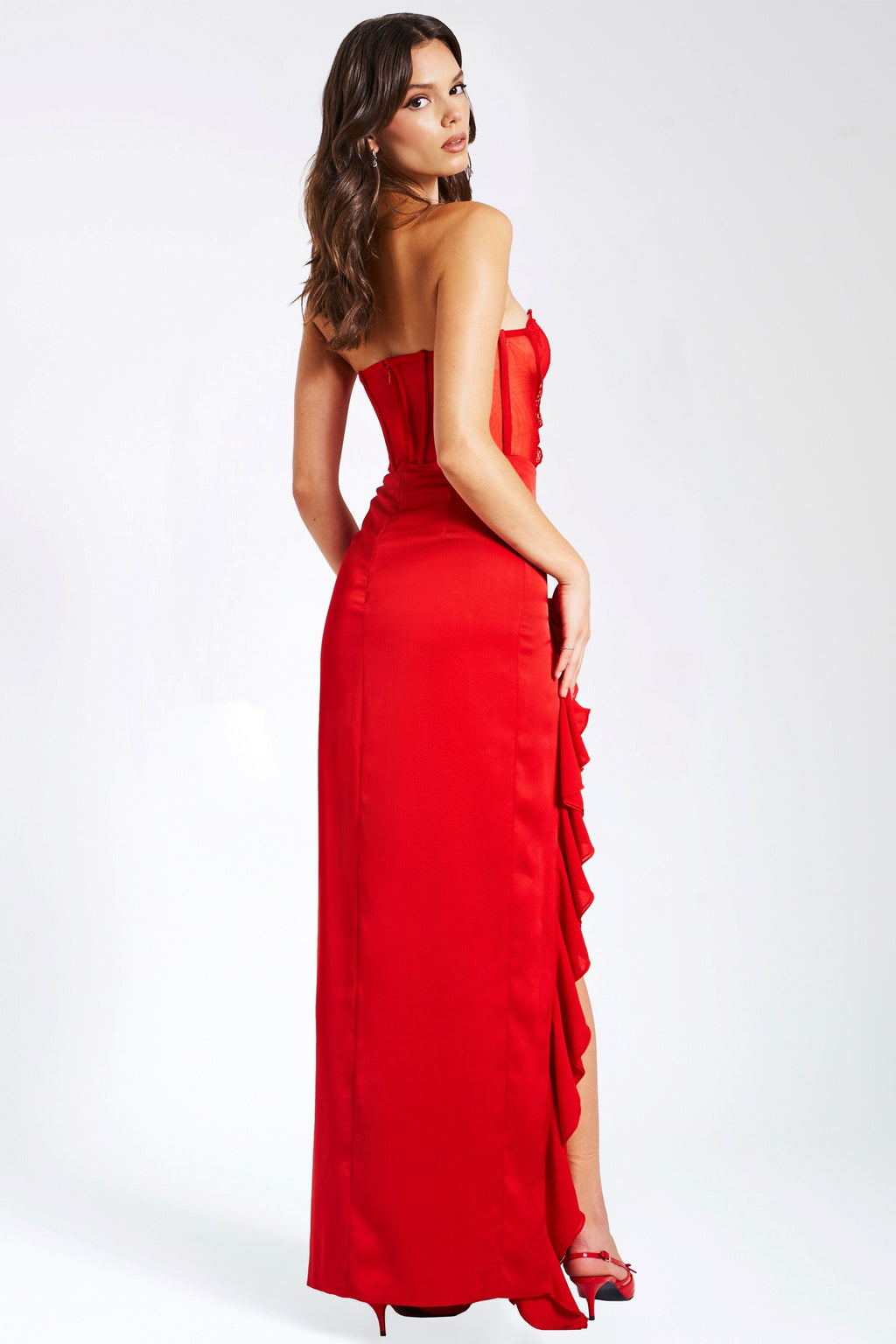 Red Satin Lace Corset Maxi Dress
