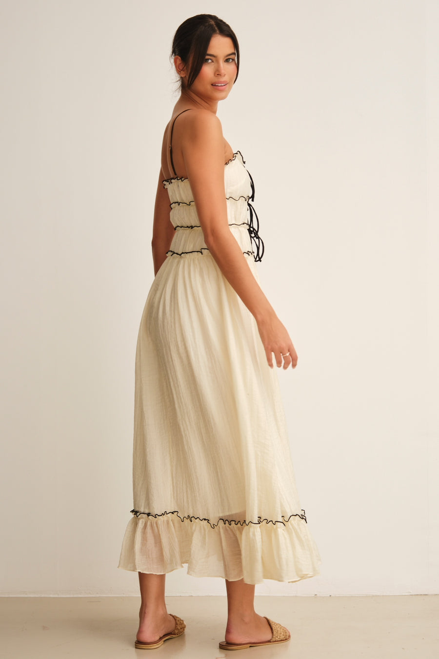 Frill Lace Up Sleeveless Midi Dress