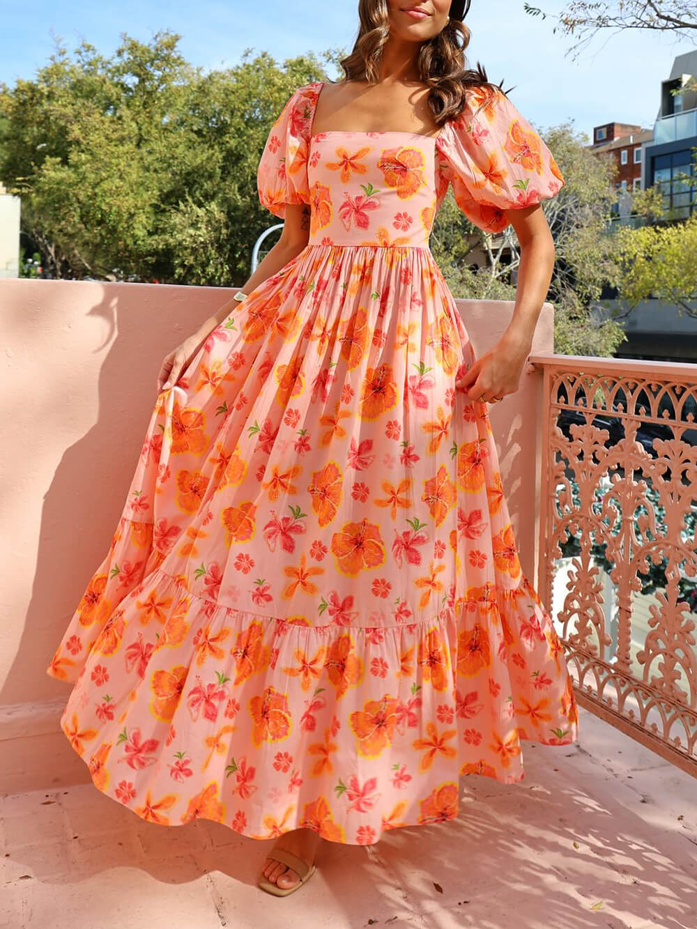 Print Puff Sleeve Back Smocked Pocket Maxi Dress