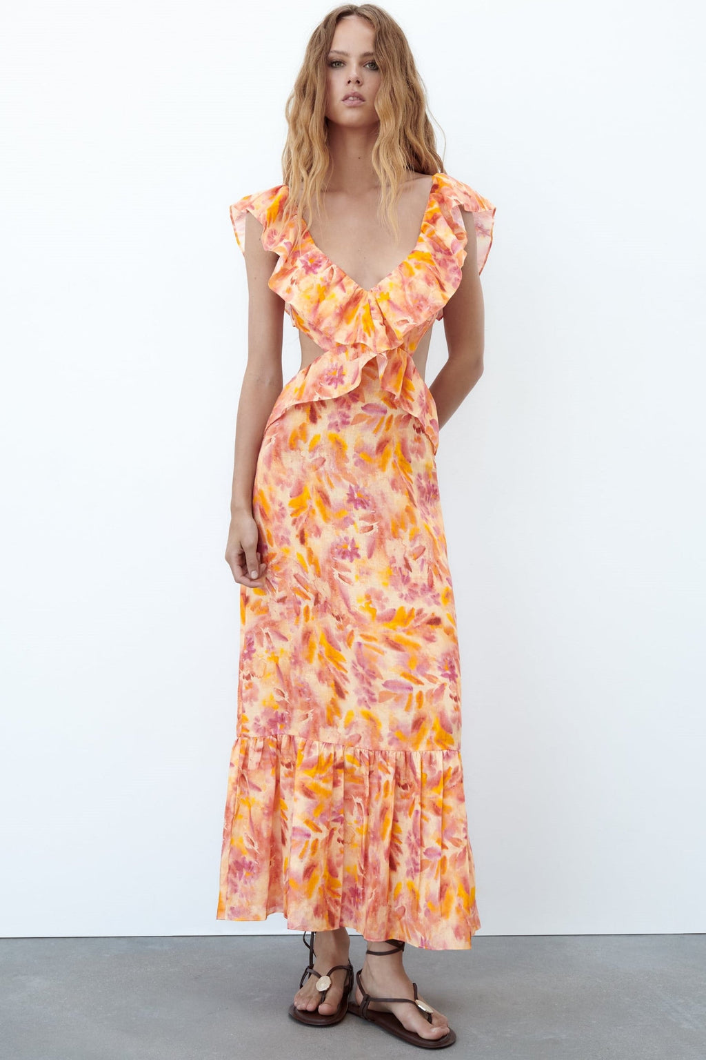 Cross Strap Ruffle Hem Midi Dress