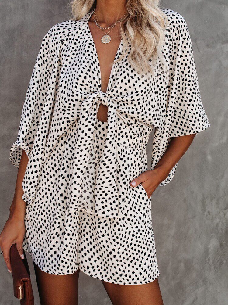 V-neck Polka Dots Printed Pocketed Tie Romper