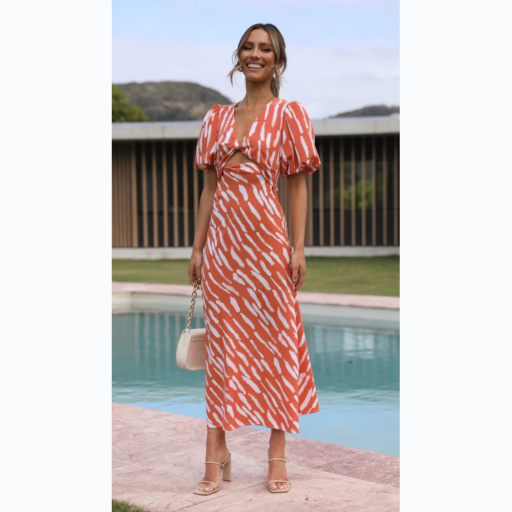 Printed V-neck A-line Midi Dress for a Fresh Style