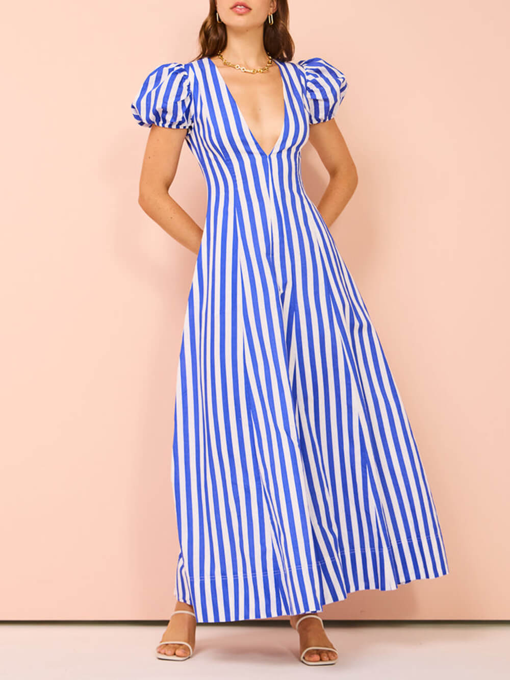 Bubble Sleeve in Stripe Wavy Maxi Dress