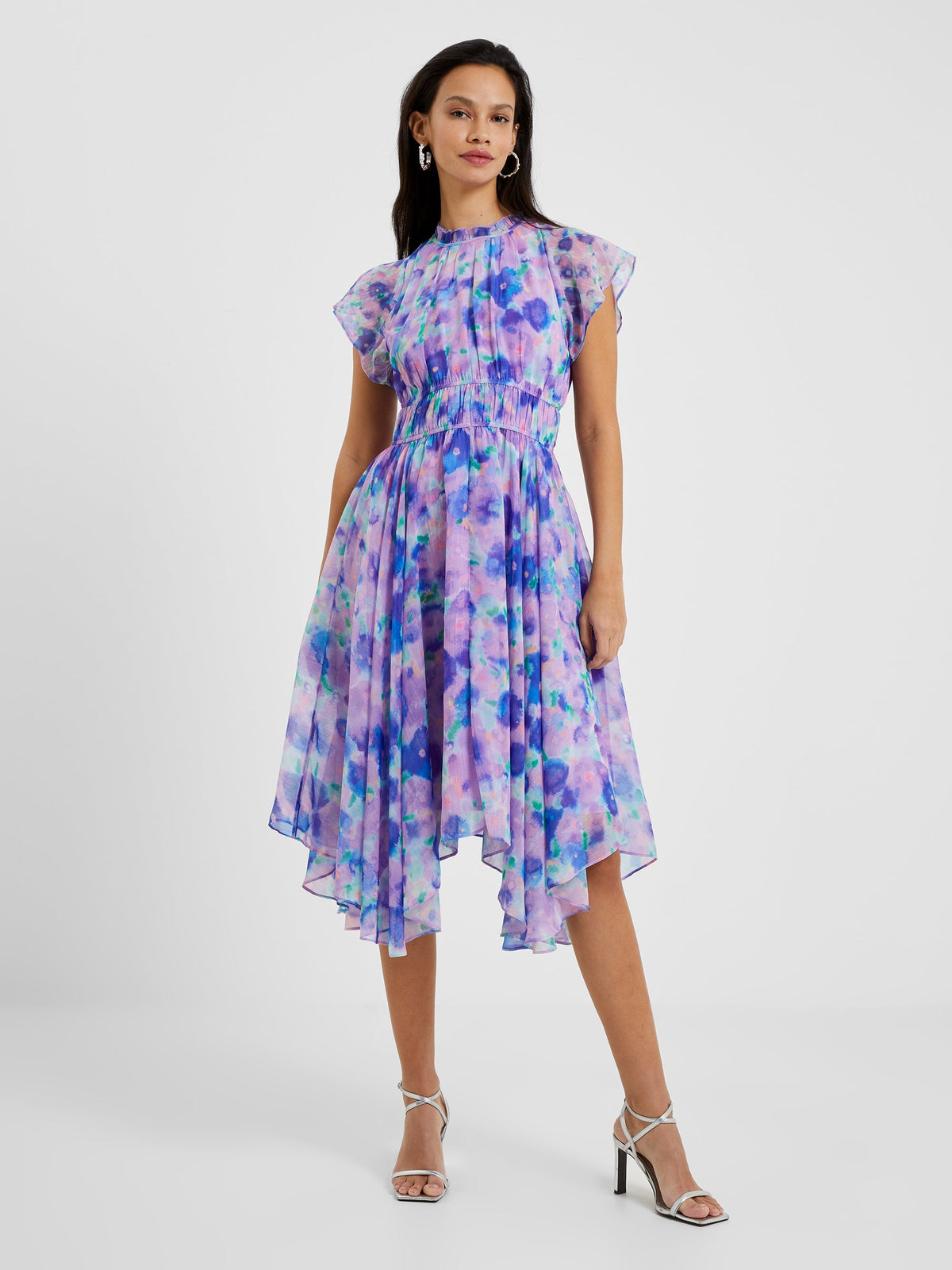 Printed Crew Collar Asymmetric Pleated Midi Dress