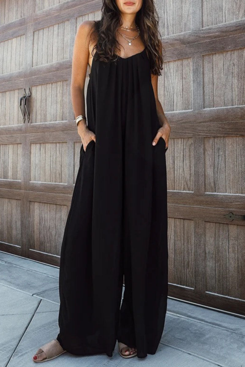 Patchwork Spaghetti Strap Oversized Maxi Jumpsuit in Black