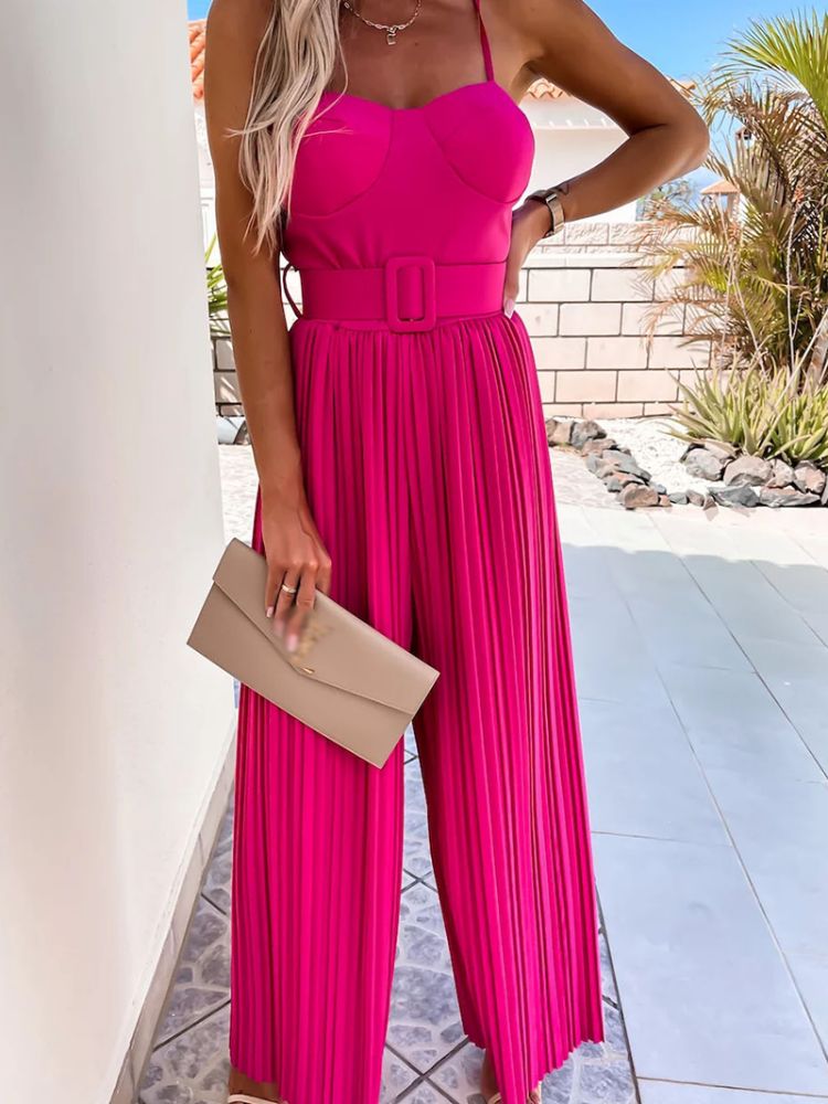 Strappy Jumpsuit With Wide Leg Pleated Detail in Barbie Pink