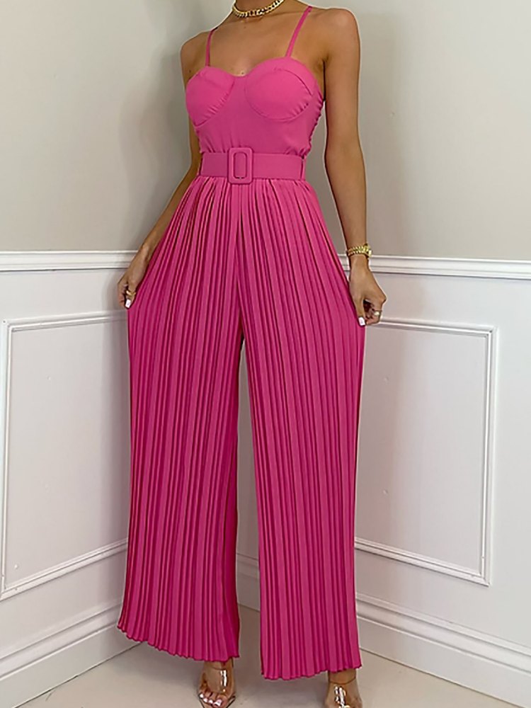 Strappy Jumpsuit With Wide Leg Pleated Detail in Barbie Pink