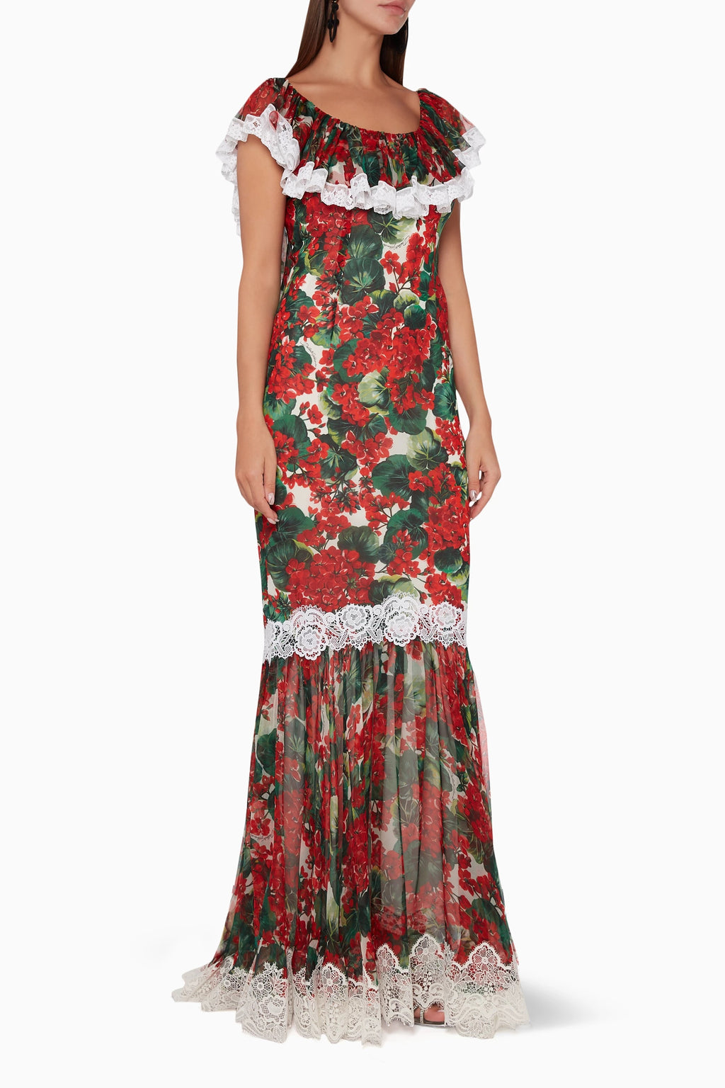 Lace Frill Round Neck Midi Dress