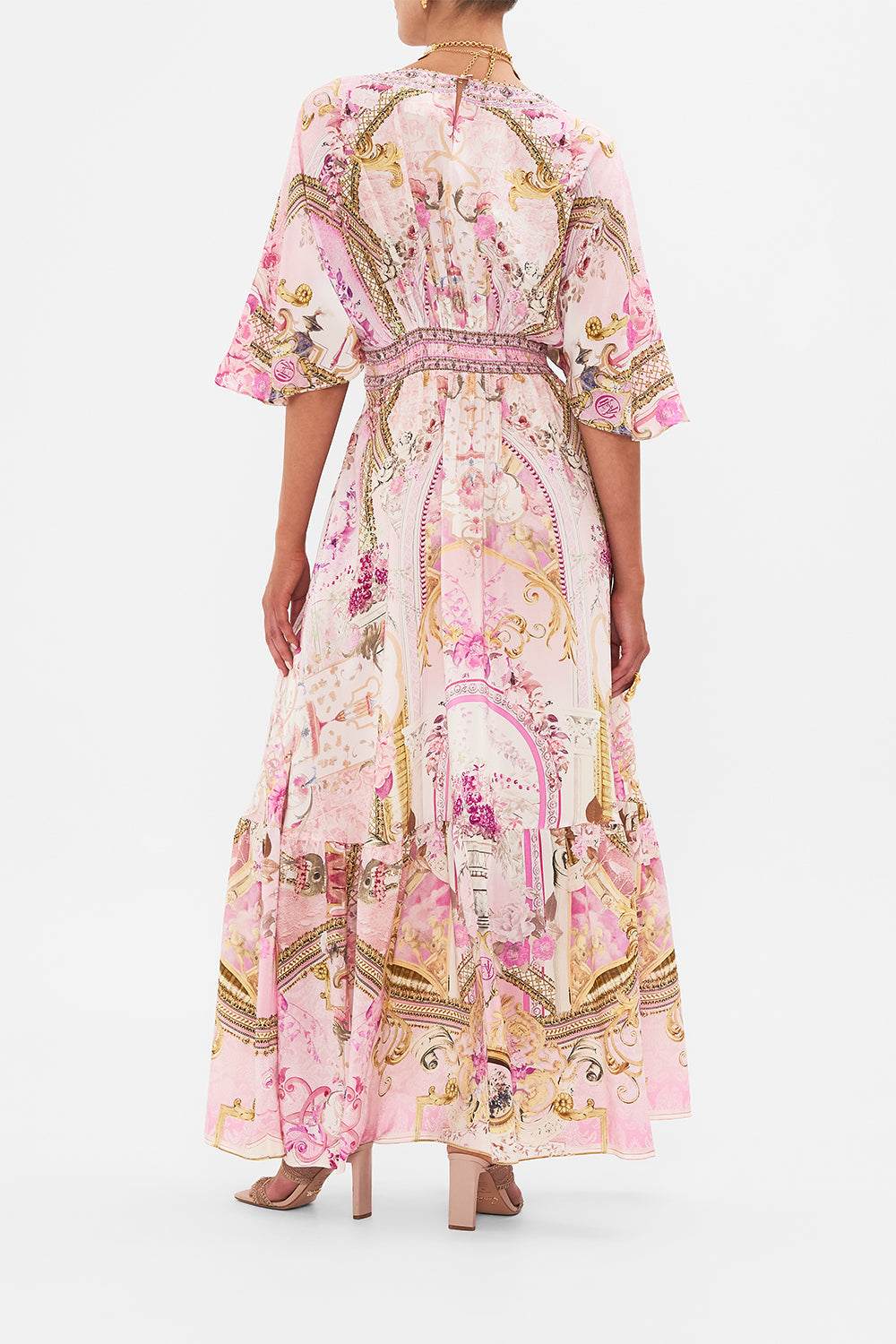 Palace Print Rhinestone V-neck Midi Dress