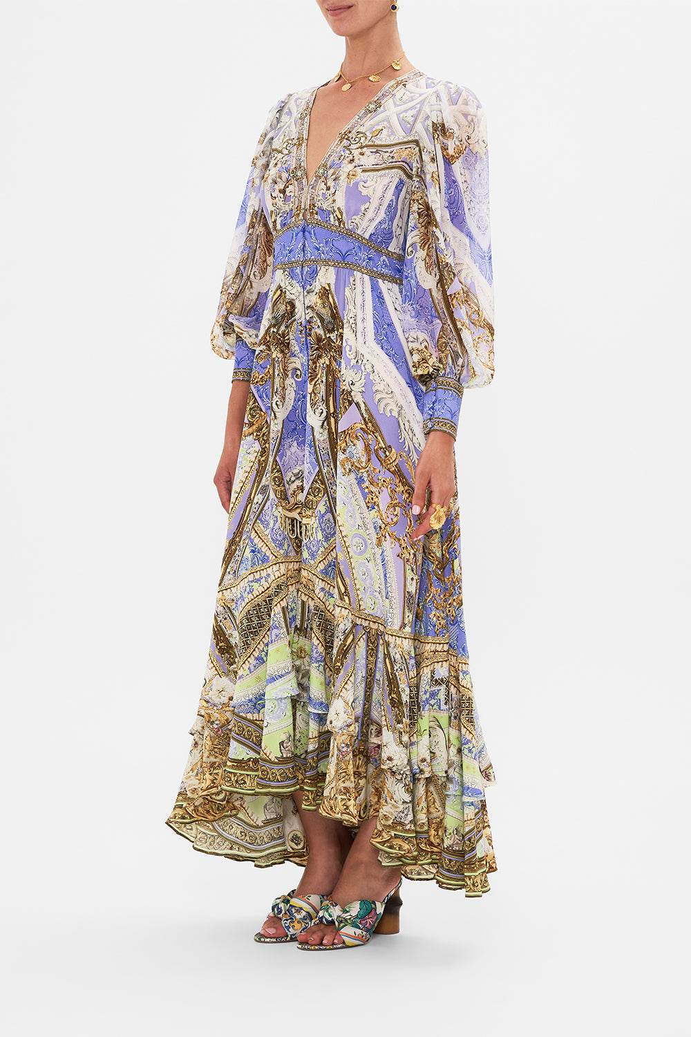 Palace Print V-neck Long Sleeve Maxi Dress