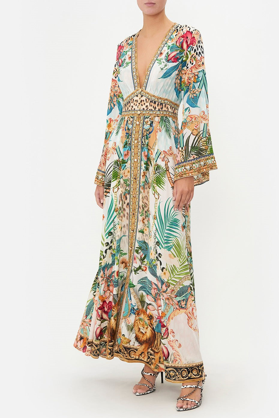 Botanical Print V-neck Long Sleeve Maxi Dress