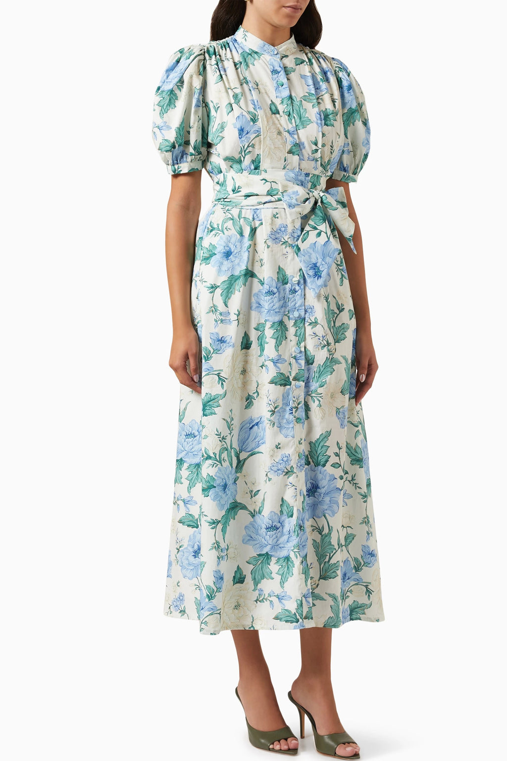Single Breasted Puff-sleeve Midi Dress With Belt