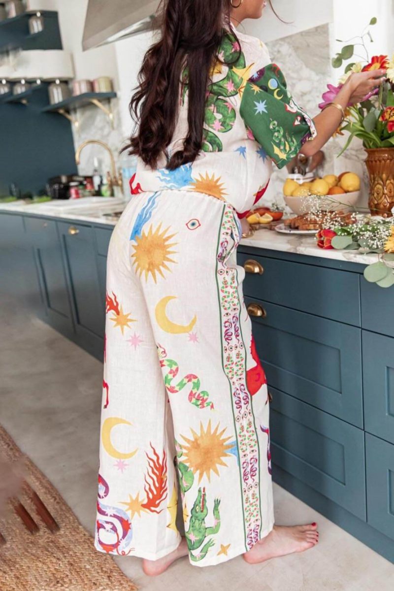 Unique Print Short Sleeve Loose Shirt and Elastic Waist Pants Set