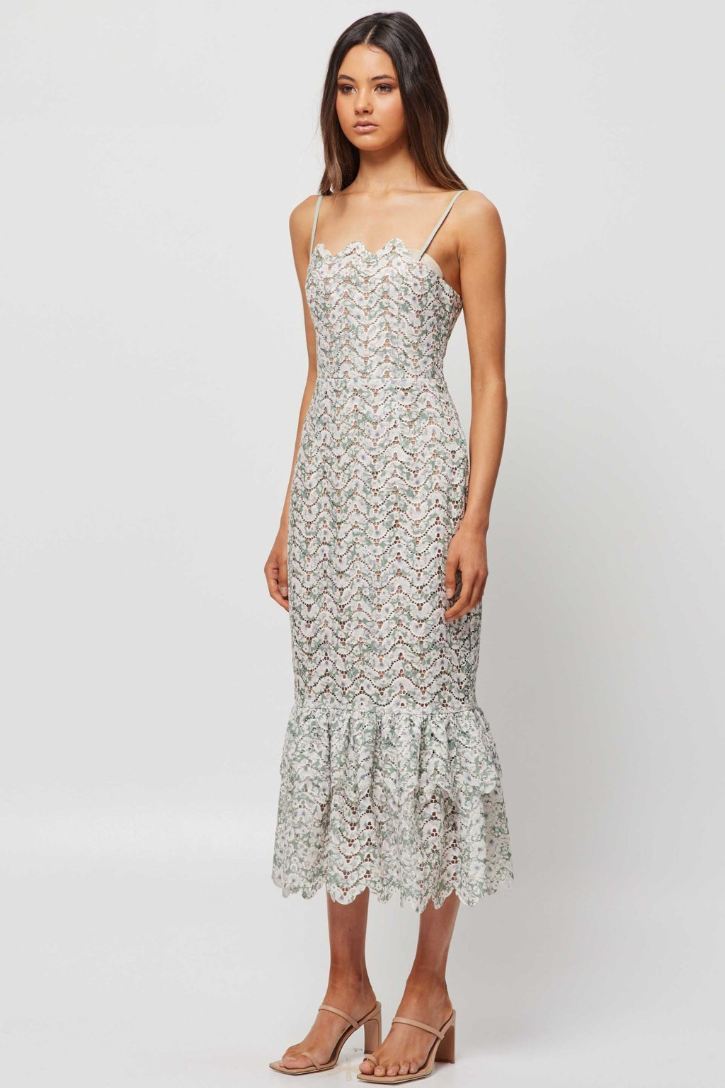 Wavy Line Lace Sleeveless Midi Dress