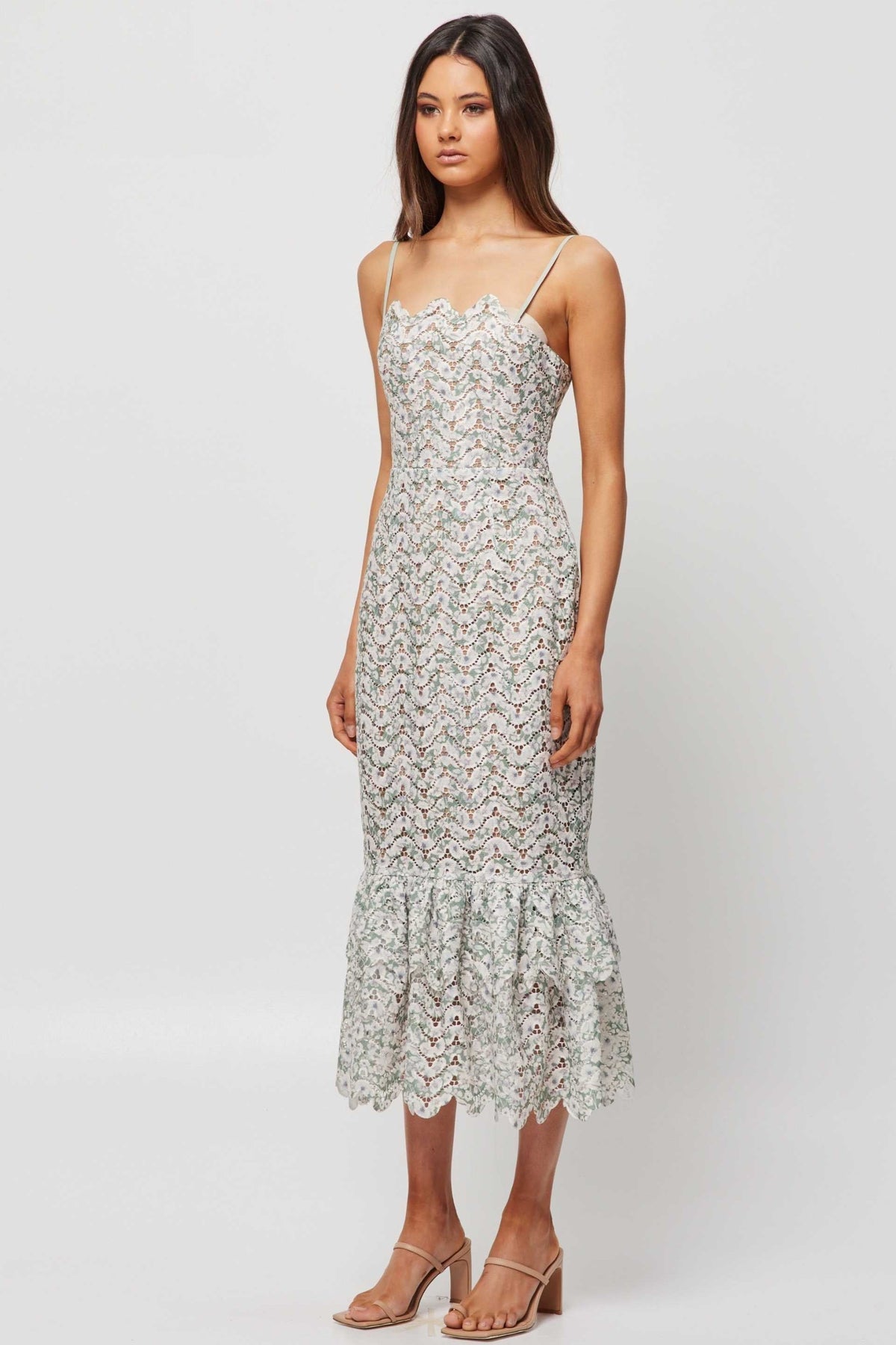 Wavy Line Lace Sleeveless Midi Dress