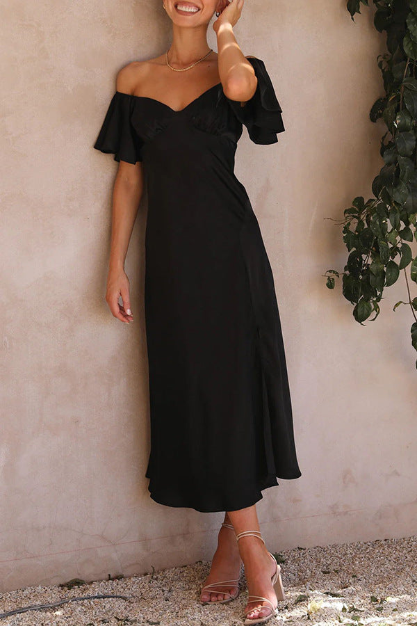 Side Split Midi Dress: Off the Shoulder Flutter Sleeve