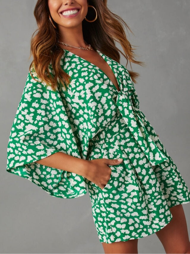 V-neck Pocketed Tie Romper