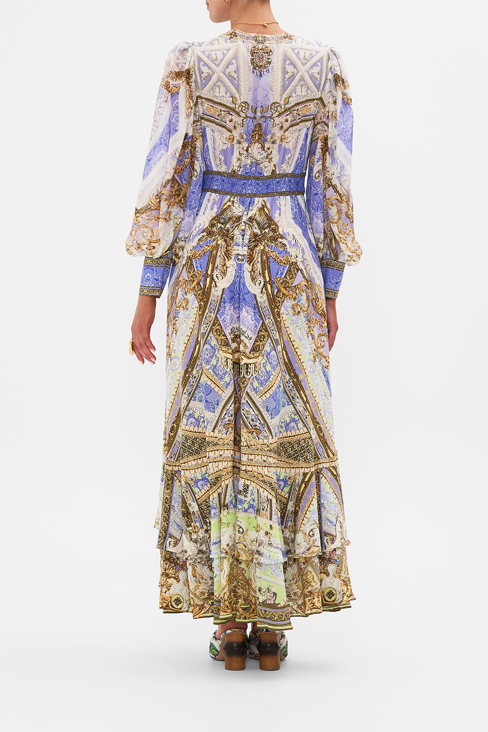 Palace Print V-neck Long Sleeve Maxi Dress