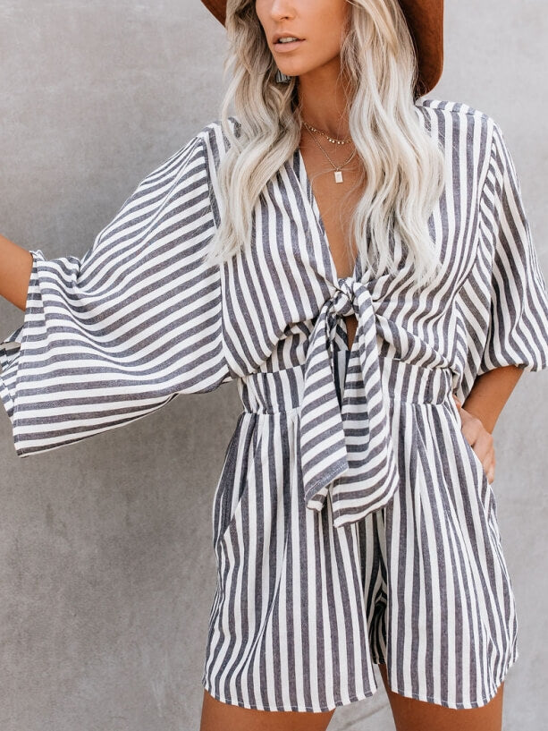 V-neck Cotton Pocketed Tie Romper