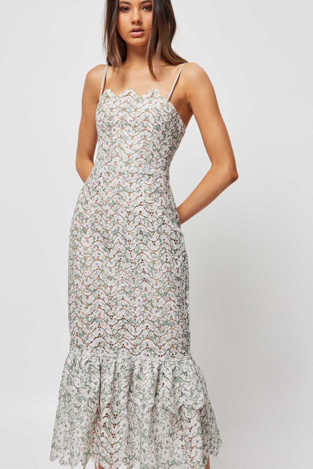 Wavy Line Lace Sleeveless Midi Dress