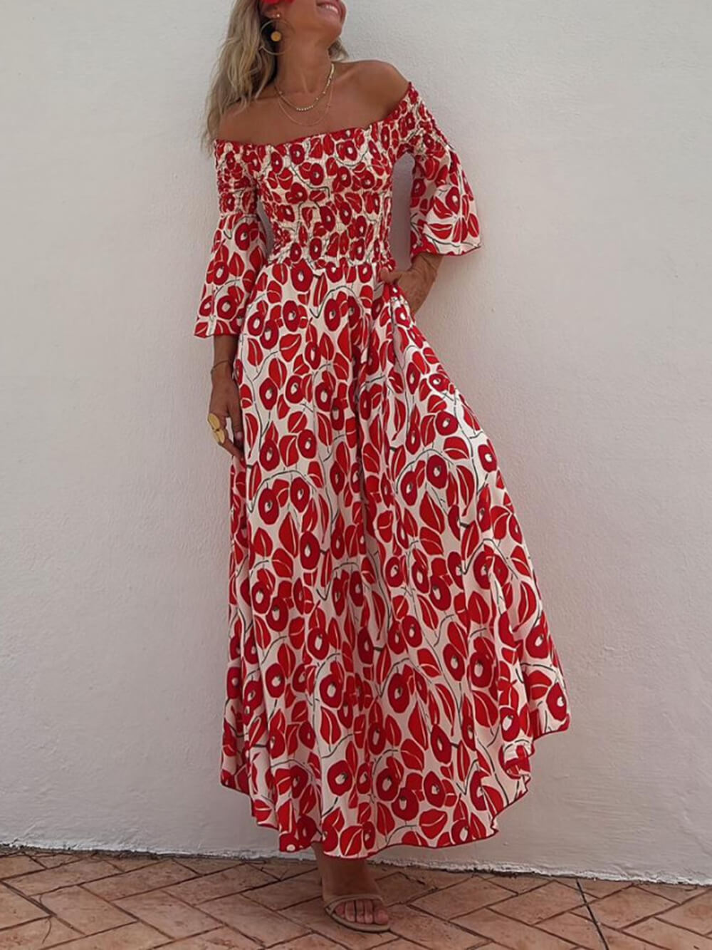 Print Smocked Off Shoulder Pocketed Maxi Dress