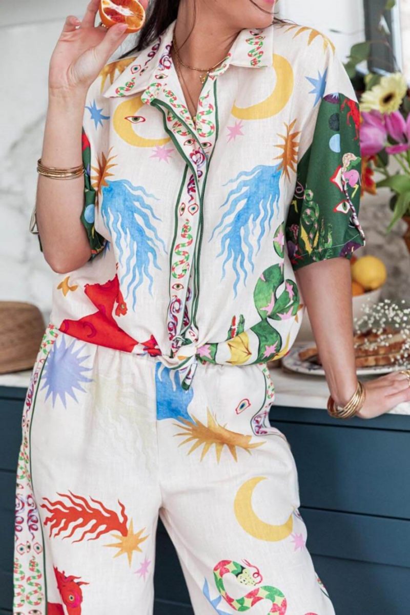 Unique Print Short Sleeve Loose Shirt and Elastic Waist Pants Set