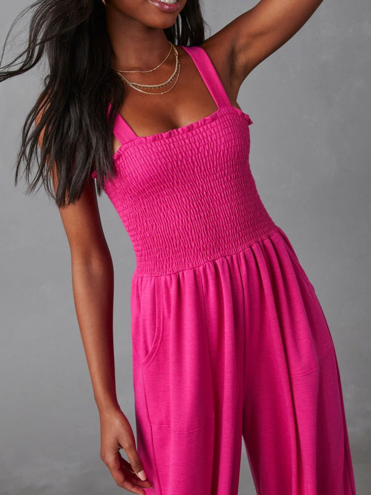 Smocked Pocketed Jumpsuit in Barbie Powder