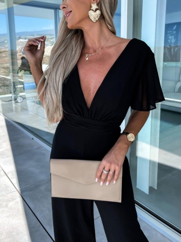 V Neck Mousseline Flutter Sleeve Jumpsuit in Black