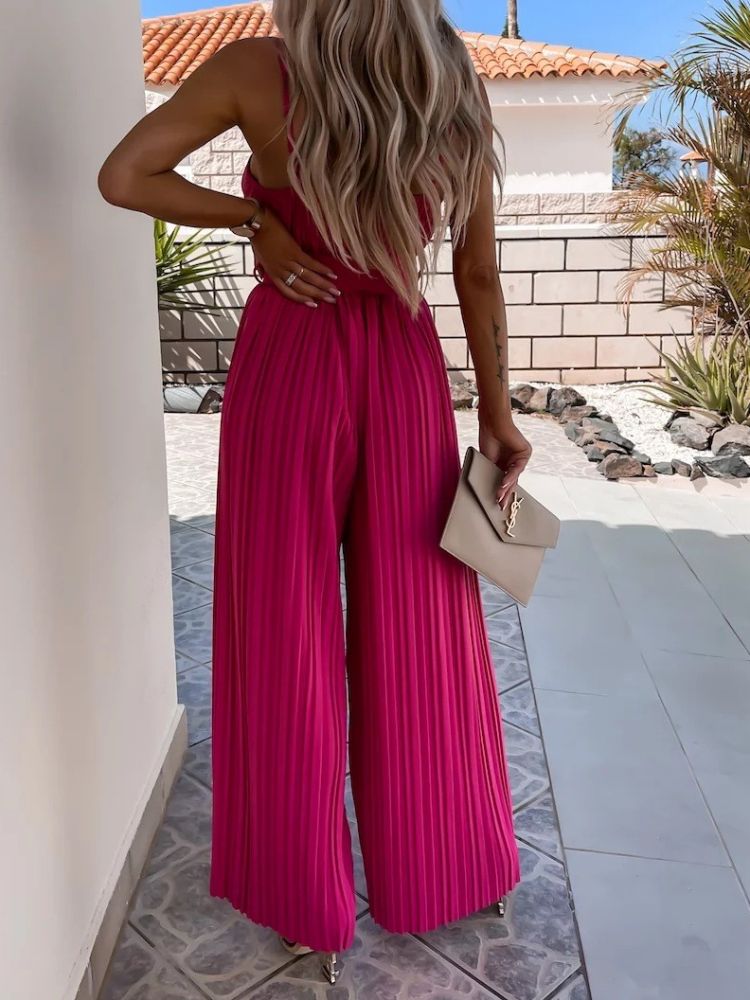 Strappy Jumpsuit With Wide Leg Pleated Detail in Barbie Pink