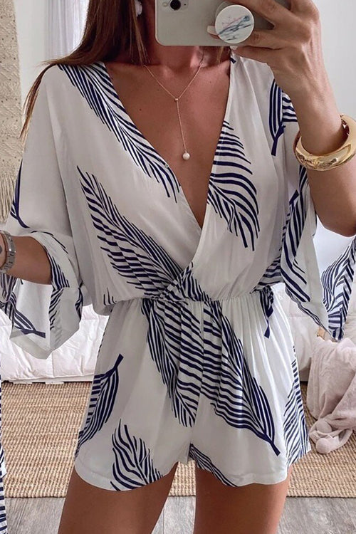 Kimono V Neck Leaf Print Wrapped Batwing Romper in White