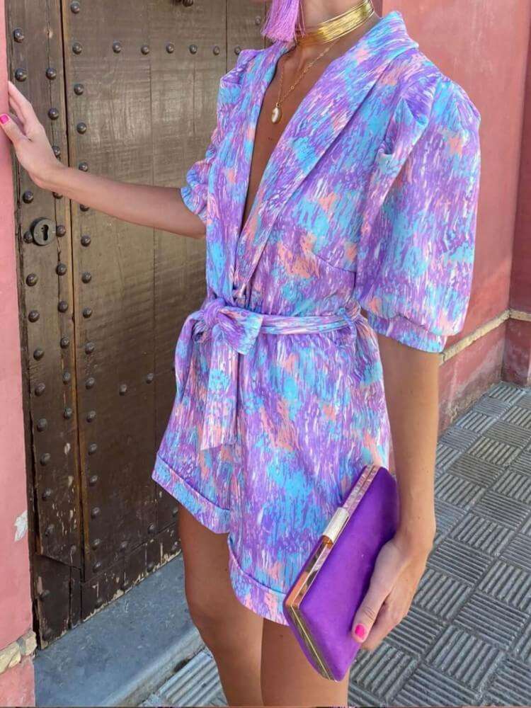 Candy Puff Sleeves Romper in Purple